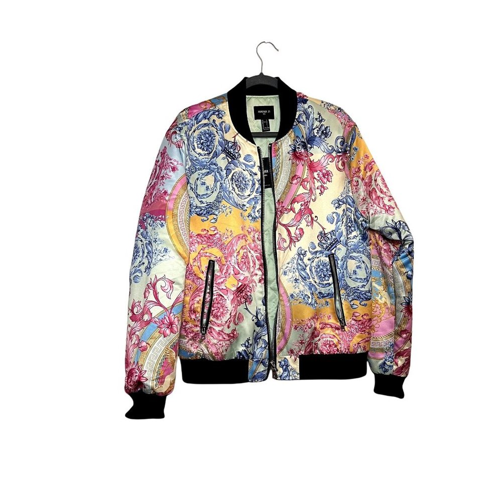 New Forever 21 Men Satin Floral Print Bomber Jacket Sz L Lion Colorful Unique